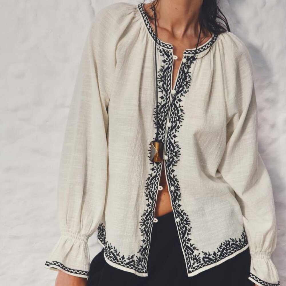 Zara Contrast Embroidery Shirt Ecru | Organic Cotton | Size Small | NWT Boho